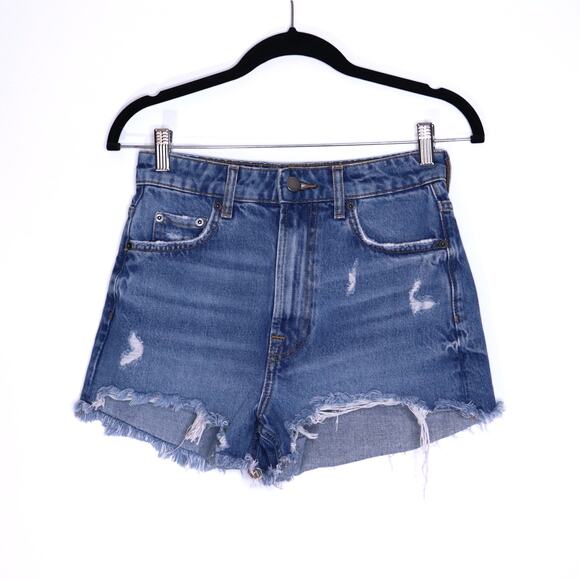 ZARA High Rise Distressed Shorts Classic Blue Denim Button Fly Casual Women's 2 - Picture 1 of 10